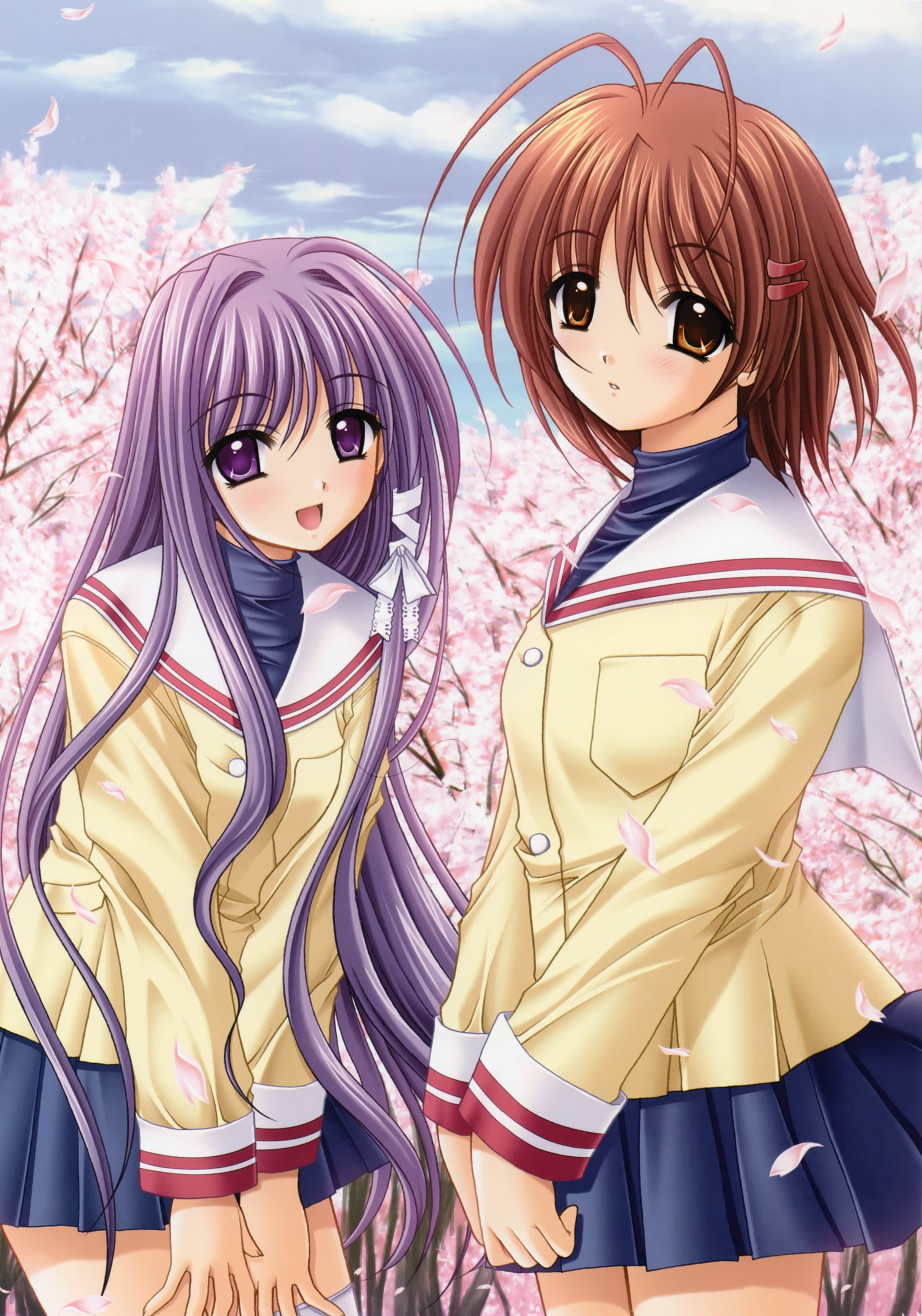 nishimata aoi, fujibayashi kyou, furukawa nagisa, clannad, absurdres, highres, 00s, 2girls, antenna hair, cherry blossoms, day, multiple girls, school uniform, serafuku, sky