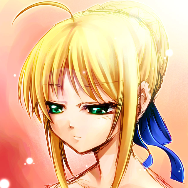 uraomote, artoria pendragon (fate), saber (fate), fate/stay night, fate (series), 00s, 1girl, ahoge, blonde hair, female focus, gradient background, green eyes, portrait, sketch, solo