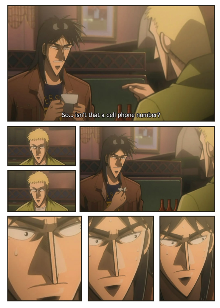 sahara, itou kaiji, sahara makoto, kaiji, 2boys, card crusher (meme), indoors, meme, multiple boys, neta, sweat