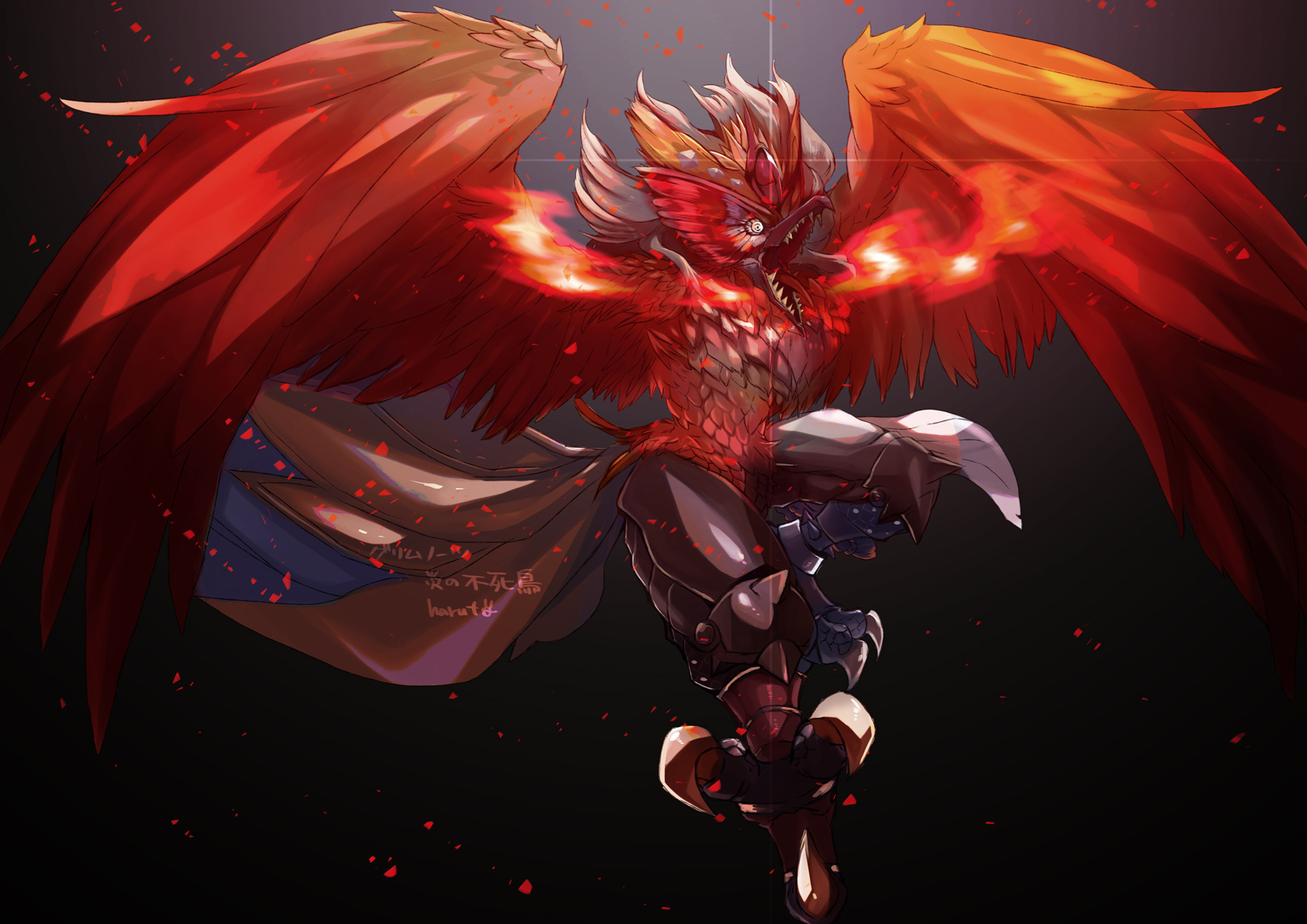 haruto1192, blazing phoenix (grimms notes), grimms notes, bird, full body, monster, monster focus, open mouth, phoenix, sharp teeth, solo, teeth