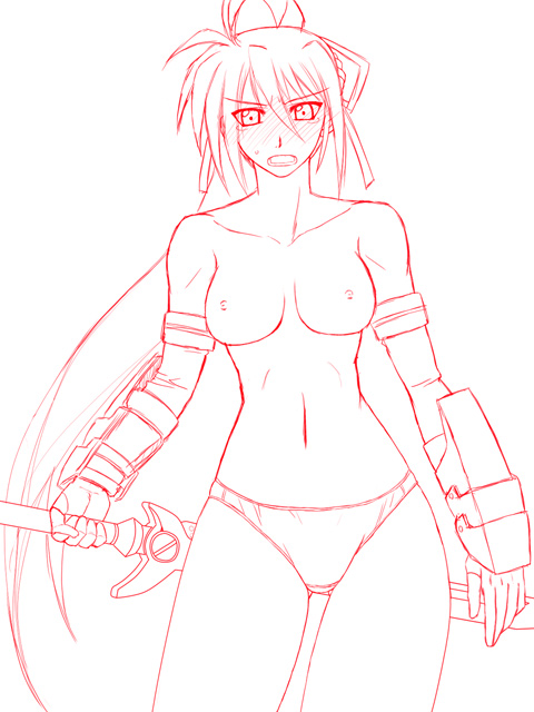 ichimedoo, laevatein (nanoha), signum, lyrical nanoha, mahou shoujo lyrical nanoha, mahou shoujo lyrical nanoha a's, 00s, 1girl, breasts, female focus, medium breasts, monochrome, nipples, panties, solo, sword, topless female, underwear, underwear only, weapon, whip sword