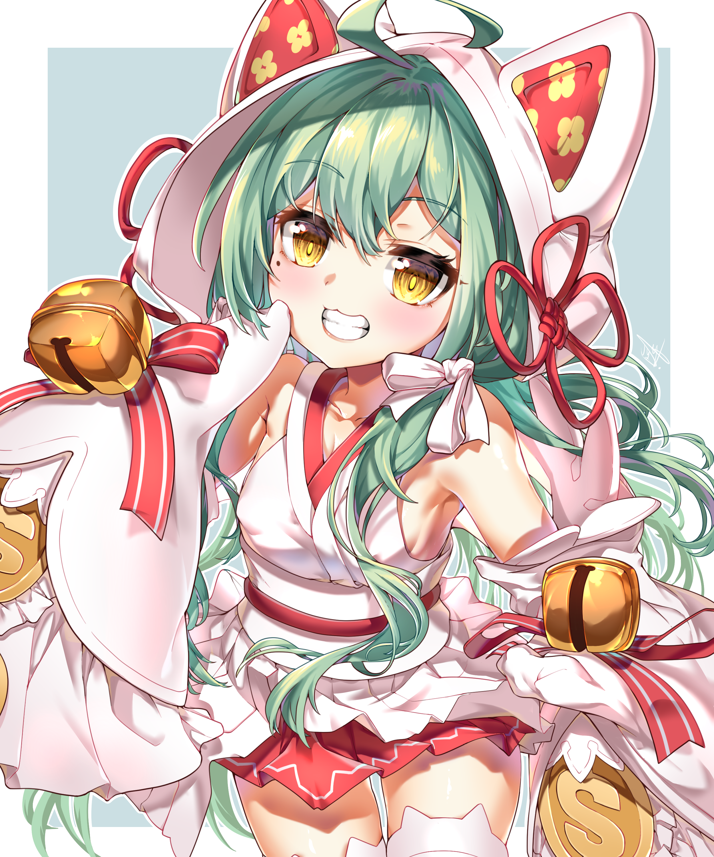 acuma, akashi (azur lane), akashi (white cat's repayment) (azur lane), azur lane, absurdres, highres, 1girl, animal ear legwear, bell, cat ear legwear, cat girl, coin, detached sleeves, green hair, hair ornament, hood, hoodie, japanese clothes, jingle bell, light blush, long hair, miniskirt, obi, sash, skirt, smile, thighhighs, white hoodie, white thighhighs, yellow eyes