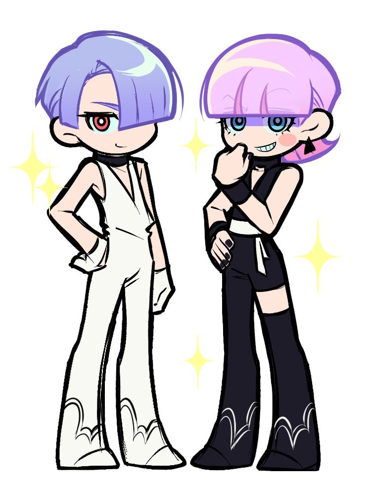 jjjjtaaaku, polyester (psg), polyurethane (psg), panty & stocking with garterbelt, 2boys, black nails, blue eyes, blue hair, earrings, gloves, grin, hair over one eye, hand on own hip, jewelry, looking at viewer, multiple boys, pants, pink hair, purple hair, red eyes, short hair, simple background, sleeveless, smile, sparkle, thighhighs, white background, white gloves