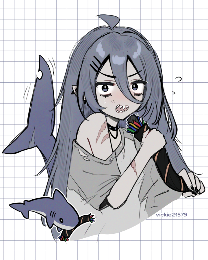 vickie (cryingrobot), original, commentary, english commentary, 1girl, ahoge, animal, bags under eyes, blue eyes, blue hair, cable, choker, fins, fish tail, flying sweatdrops, grey shirt, grid background, holding, looking at viewer, notched tail, off shoulder, pointy ears, scar, scar on arm, scar on shoulder, scar on tail, shark, shark girl, shark tail, sharp teeth, shirt, solo, spiked choker, spikes, tail, teeth, torn clothes, torn shirt, upper body, white background