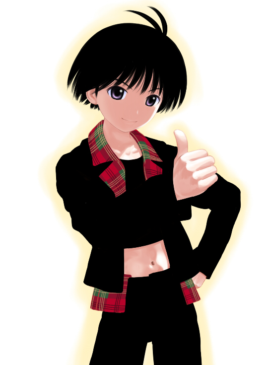 nekopuchi, kikuchi makoto, idolmaster, idolmaster (classic), idolmaster 1, plaid, 00s, 1girl, antenna hair, black hair, female focus, jacket, midriff, punkish gothic, purple eyes, short hair, solo, thumbs up