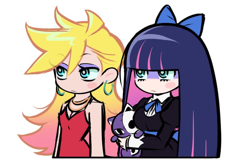 jjjjtaaaku, panty (psg), stocking (psg), panty & stocking with garterbelt, 2girls, black dress, blonde hair, blue eyes, bow, dress, earrings, hair bow, jewelry, long hair, multicolored hair, multiple girls, necklace, official style, pink hair, red dress, siblings, sisters, stuffed animal, stuffed cat, stuffed toy, two-tone hair