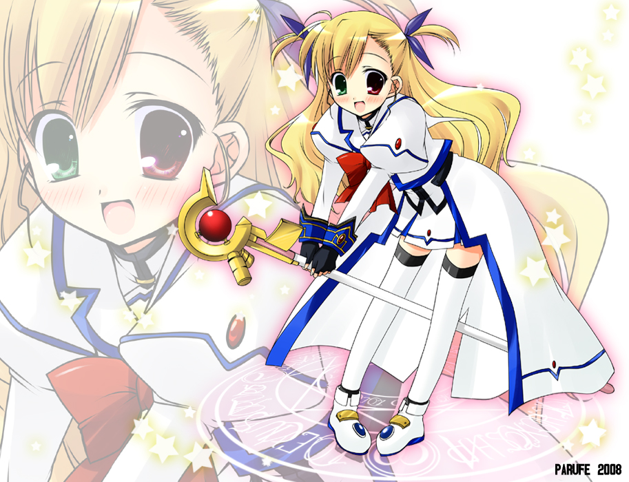 hayashi sakura, raising heart, raising heart (accel mode), takamachi nanoha, takamachi nanoha (aggressor mode), vivio, lyrical nanoha, mahou shoujo lyrical nanoha, mahou shoujo lyrical nanoha strikers, 00s, blonde hair, blush, hair ribbon, heterochromia, magic circle, ribbon, solo, thighhighs