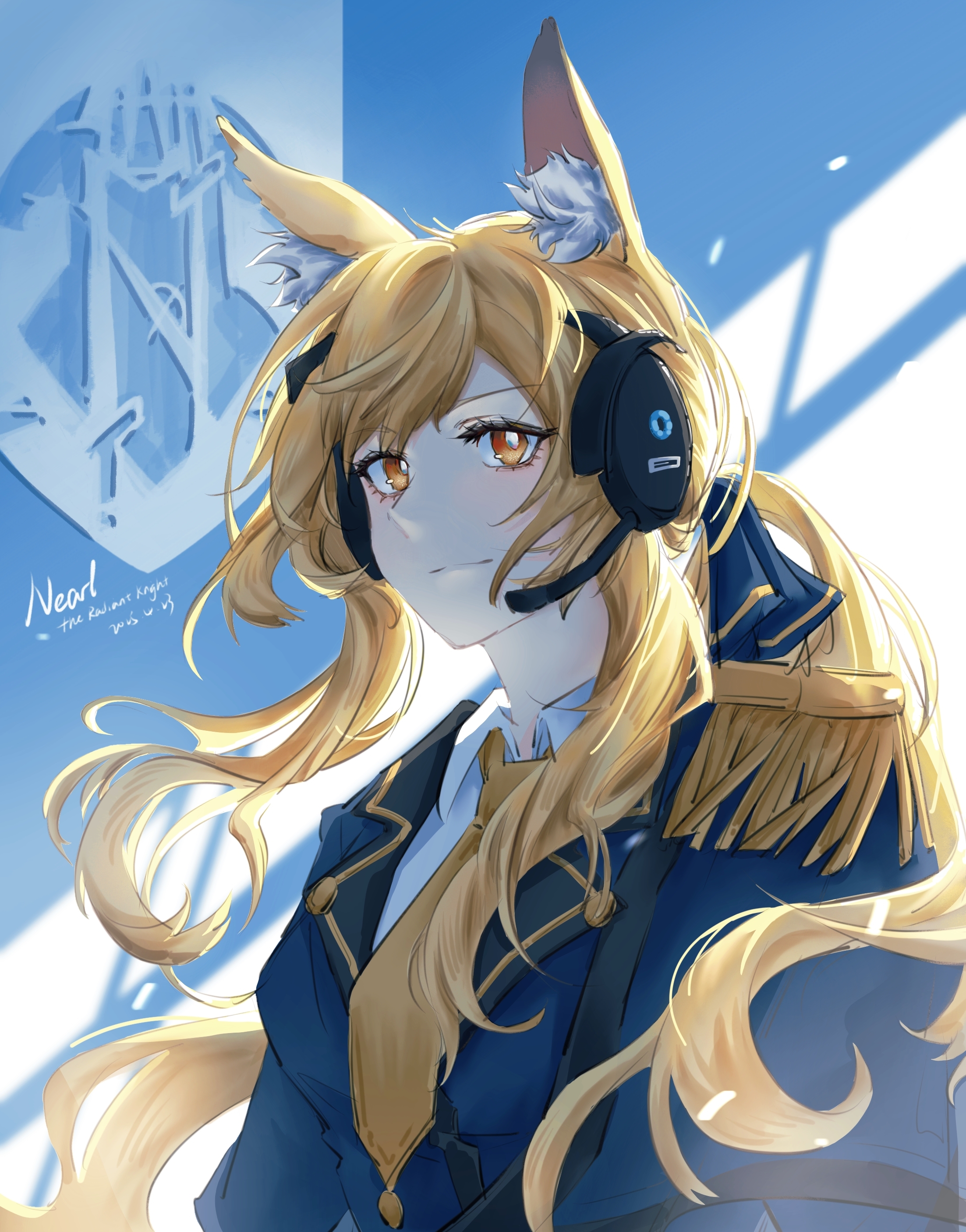 nearl (arknights), arknights, absurdres, chinese commentary, commentary request, highres, 1girl, animal ear fluff, animal ears, blonde hair, blue jacket, bright pupils, character name, chenmoguayan, closed mouth, epaulettes, headset, jacket, lapels, long hair, looking at viewer, military jacket, single epaulette, smile, solo, upper body, white pupils, yellow eyes