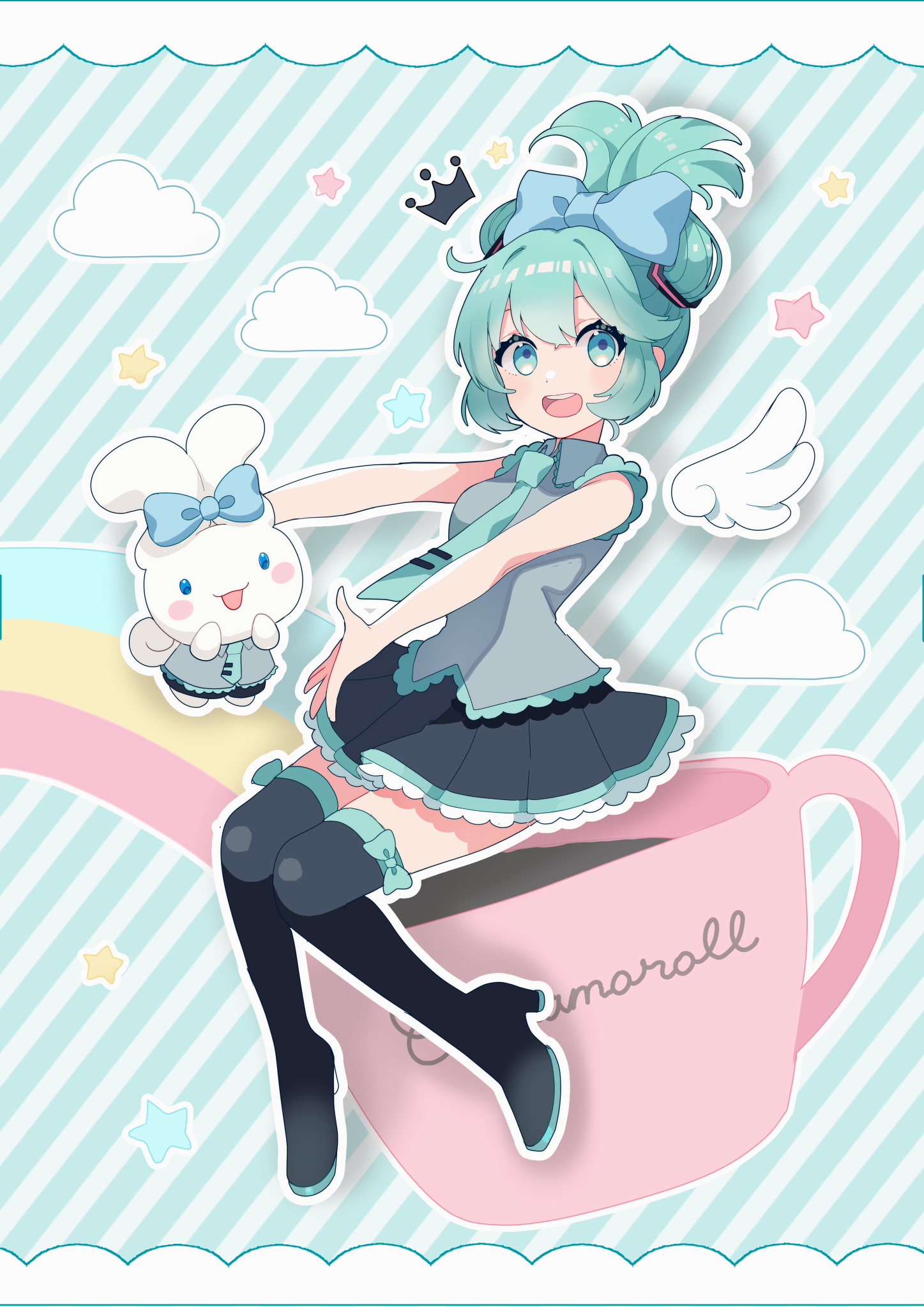 binchou maguro, cinnamiku, cinnamoroll, hatsune miku, fuwa fuwa cinnamoroll, sanrio, vocaloid, commentary request, highres, 1girl, :d, aqua hair, bare shoulders, black boots, black skirt, black sleeves, blue bow, blue eyes, blue necktie, blush, boots, bow, cloud, collared shirt, cup, detached sleeves, detached wings, full body, green background, hair bow, long sleeves, looking at viewer, miniskirt, necktie, open mouth, outline, pleated skirt, shirt, short hair, sitting, skirt, sleeveless, sleeveless shirt, smile, solo, star (symbol), striped background, thigh boots, twintails, updo, white outline, white wings, wings
