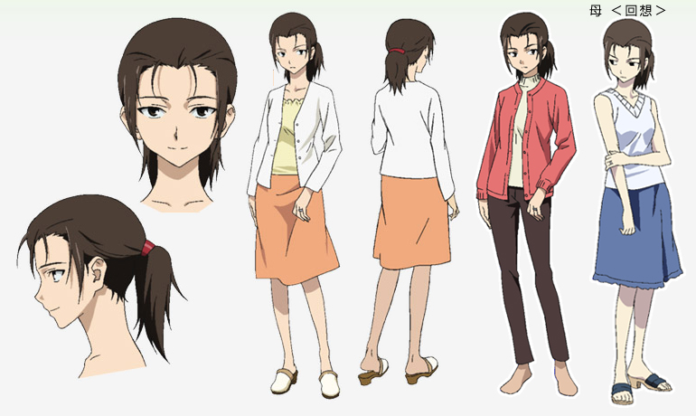 true tears, white footwear, non-web source, 00s, 1girl, black pants, blue skirt, breasts, brown eyes, brown hair, brown pantyhose, buttons, closed mouth, collarbone, from behind, from side, full body, gradient background, holding own arm, jacket, jewelry, long hair, long sleeves, looking at viewer, looking to the side, medium breasts, multiple views, nakagami kanae, no shoes, no socks, orange skirt, pants, pantyhose, ponytail, production art, red jacket, ring, shoes, skirt, sleeveless, smile, socks, standing, unbuttoned, wedding band, white jacket