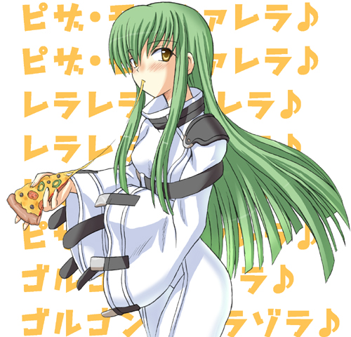 c.c., code geass, lowres, 00s, 1girl, blush, bodysuit, cheese, cheese trail, cowboy shot, eating, female focus, food, green hair, long hair, musical note, pizza, pizza slice, quaver, solo, straitjacket, yellow eyes