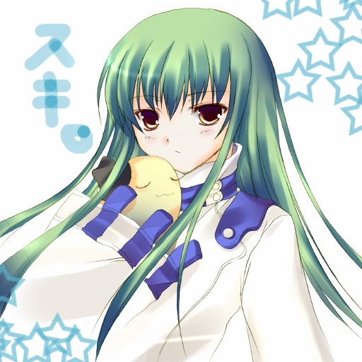 c.c., cheese-kun, code geass, pizza hut, 00s, 1girl, :3, brown eyes, closed eyes, creature, female focus, green hair, long sleeves, looking at viewer, robe, sidelocks, simple background, solo, straitjacket, upper body, white background