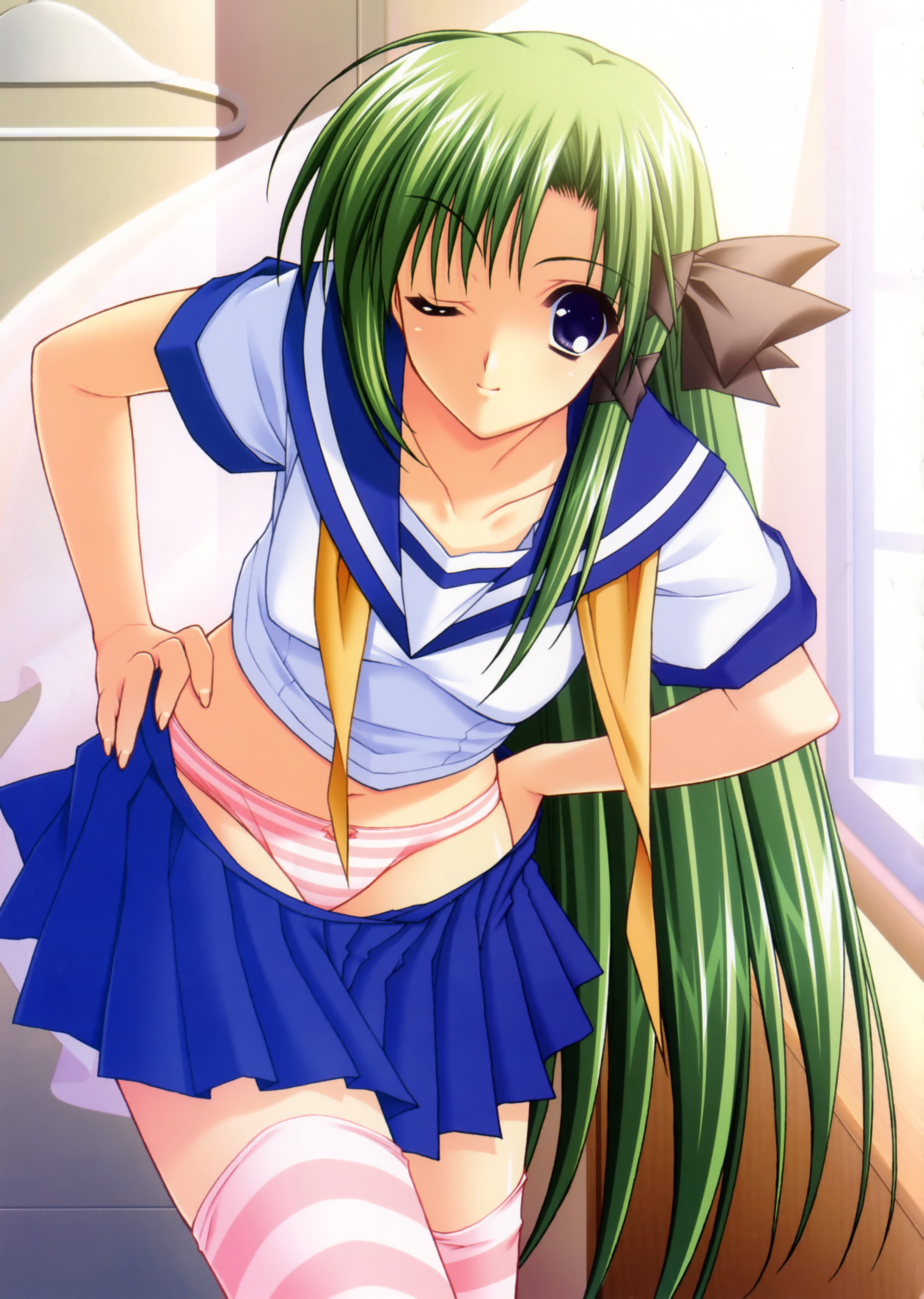 suzuhira hiro, shigure asa, shuffle!, absurdres, highres, official art, 00s, 1girl, female focus, green hair, hair ribbon, long hair, miniskirt, one eye closed, panties, purple eyes, ribbon, school uniform, serafuku, skirt, solo, striped clothes, striped panties, striped thighhighs, thighhighs, underwear, undressing, wink, zettai ryouiki