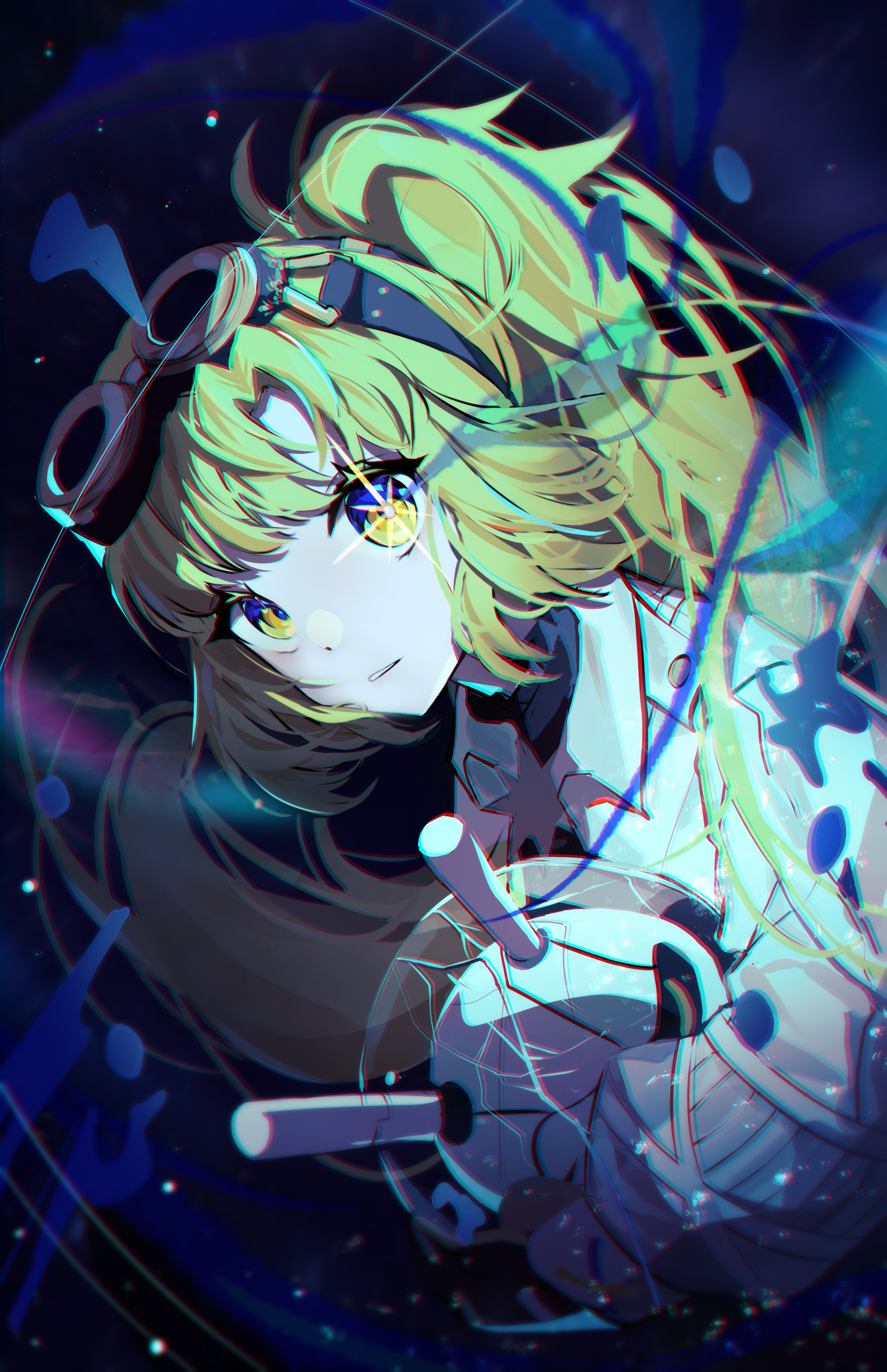 laetzit 0314, arcaea, absurdres, highres, 1girl, black shirt, blonde hair, blue eyes, breasts, curtained hair, goggles, green hair, high ponytail, jacket, long hair, looking at viewer, medium breasts, medium hair, multicolored eyes, nonoka (arcaea), parted lips, ponytail, portrait, shirt, sketch, solo, two-tone eyes, upper body, very long hair, white jacket, white sleeves, yellow eyes