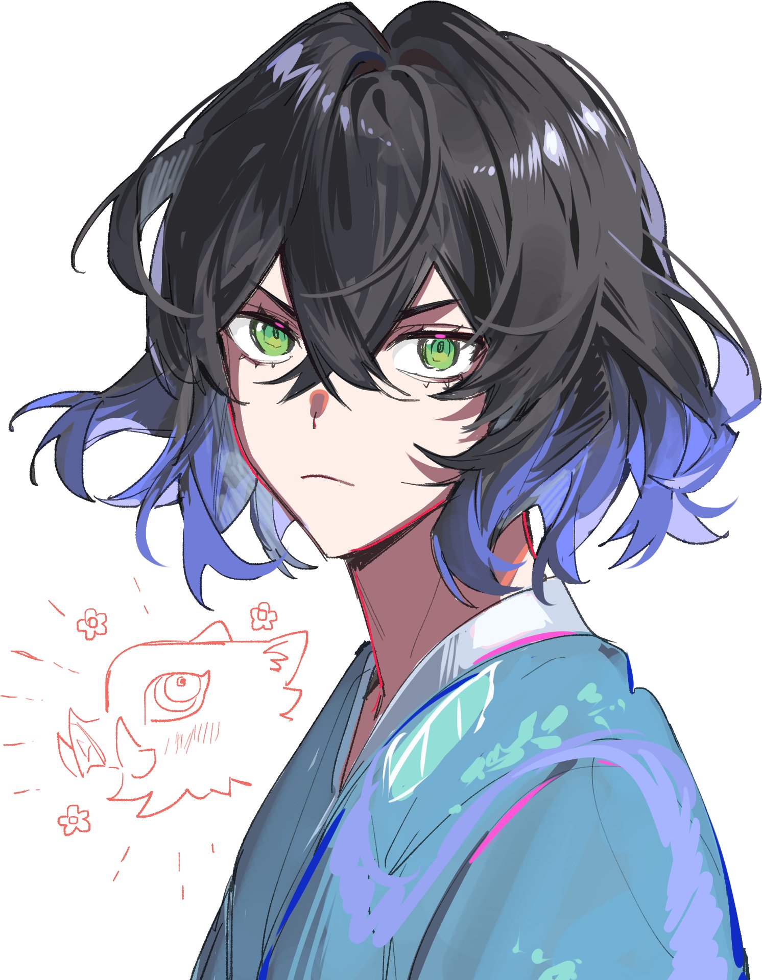 kaohom503 2, hashibira inosuke, kimetsu no yaiba, commentary request, highres, 1boy, black hair, blue eyes, boar mask, chibi, closed mouth, eyelashes, gradient hair, green eyes, hair between eyes, japanese clothes, looking at viewer, male focus, multicolored hair, official alternate costume, simple background, solo, thai commentary, white background