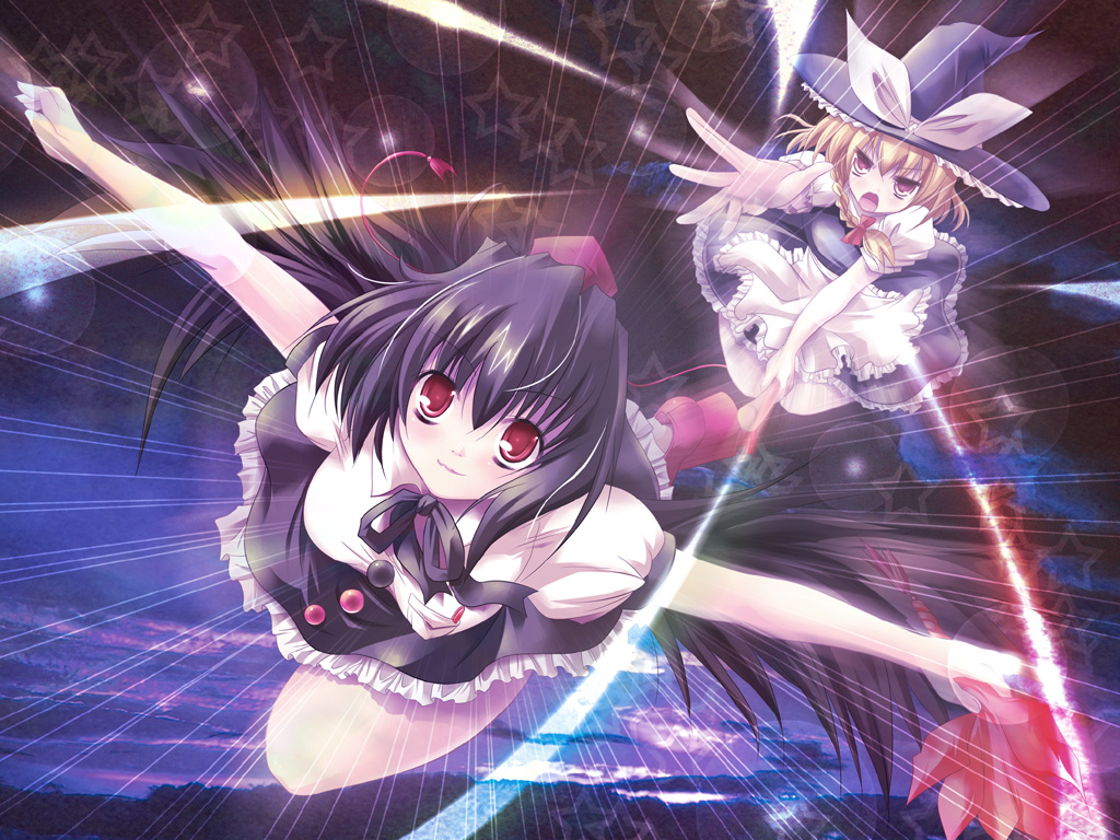 maki (seventh heaven maxion), kirisame marisa, shameimaru aya, touhou, 2girls, apron, black skirt, black wings, blonde hair, blush, buttons, danmaku, female focus, flying, hat, looking at viewer, magic, multiple girls, outstretched arms, puffy short sleeves, puffy sleeves, red eyes, short sleeves, skirt, smile, tokin hat, vest, waist apron, wings, witch hat