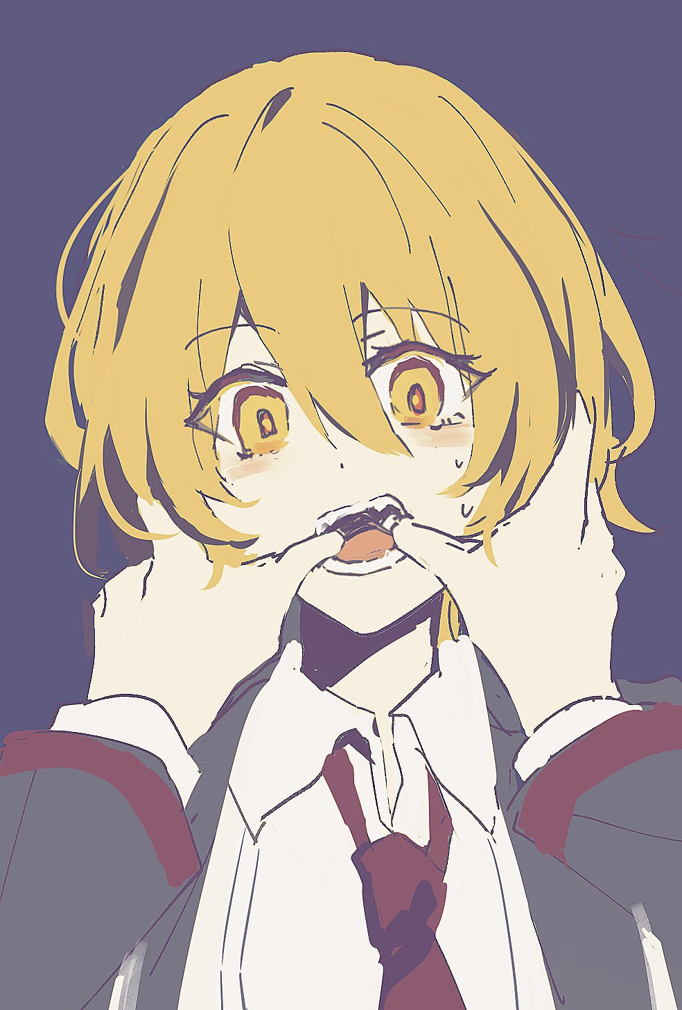 sixgod, don quixote (project moon), limbus company, project moon, highres, 1girl, black coat, blonde hair, coat, collared shirt, looking at viewer, necktie, open mouth, purple background, red necktie, sharp teeth, shirt, short hair, simple background, solo, teeth, upper body, white shirt, yellow eyes