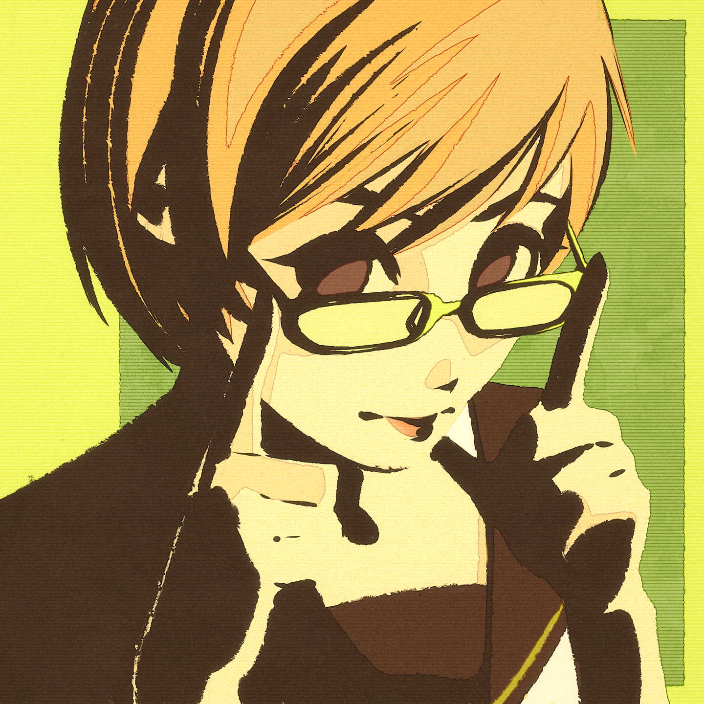 moshimoshibe, satonaka chie, persona, persona 4, highres, 1girl, brown eyes, brown hair, glasses, green background, looking at viewer, school uniform, serafuku, short hair, solo, yasogami school uniform