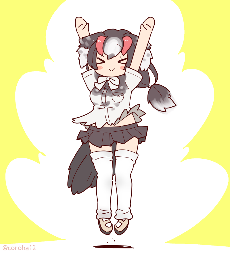 coroha, rock ptarmigan (kemono friends), kemono friends, kemono friends 3, 1girl, arms up, bird girl, bird tail, bird wings, bow, bowtie, feathered wings, full body, grey hair, head wings, jumping, long hair, multicolored hair, shirt, shoes, simple background, skirt, solo, streaked hair, tail, thighhighs, wings, yellow background