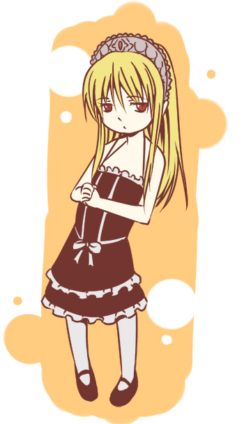 marumi, hime (kaibutsu oujo), kaibutsu oujo, 00s, 1girl, black dress, blonde hair, collarbone, contrapposto, dress, female focus, frills, full body, long hair, maid headdress, mary janes, red eyes, shoes, solo, standing, strapless, strapless dress, tiara, very long hair