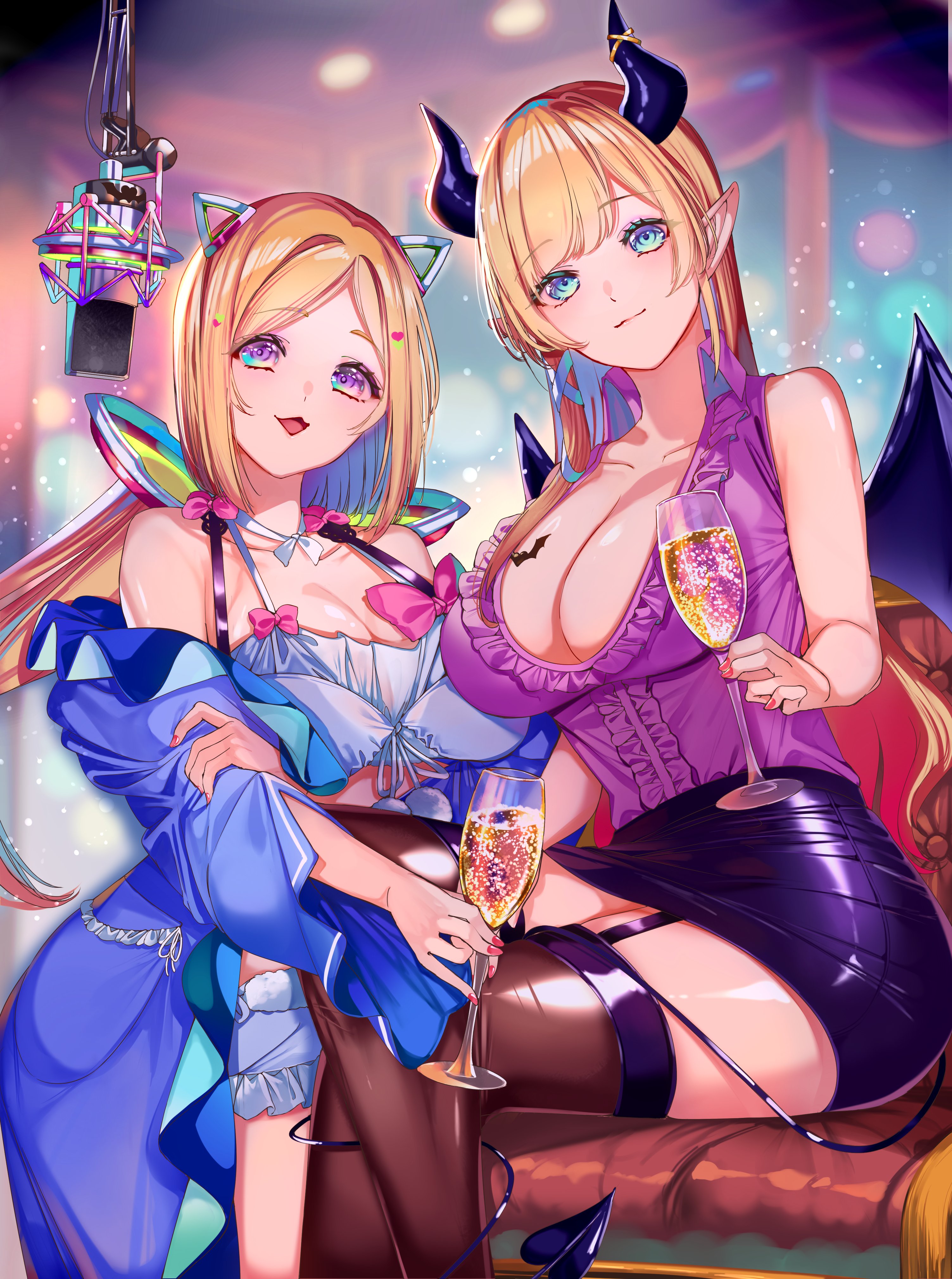 yuutarou (fukiiincho), aki rosenthal, yuzuki choco, yuzuki choco (1st costume), hololive, absurdres, highres, 2girls, bare shoulders, black horns, black skirt, black tail, black thighhighs, black wings, blonde hair, blue eyes, blurry, blurry background, breast tattoo, breasts, cleavage, cup, demon girl, demon horns, demon tail, demon wings, detached hair, holding, holding cup, horns, large breasts, microphone, multiple girls, pointy ears, purple shirt, shirt, sitting, skirt, tail, tattoo, thighhighs, virtual youtuber, wings