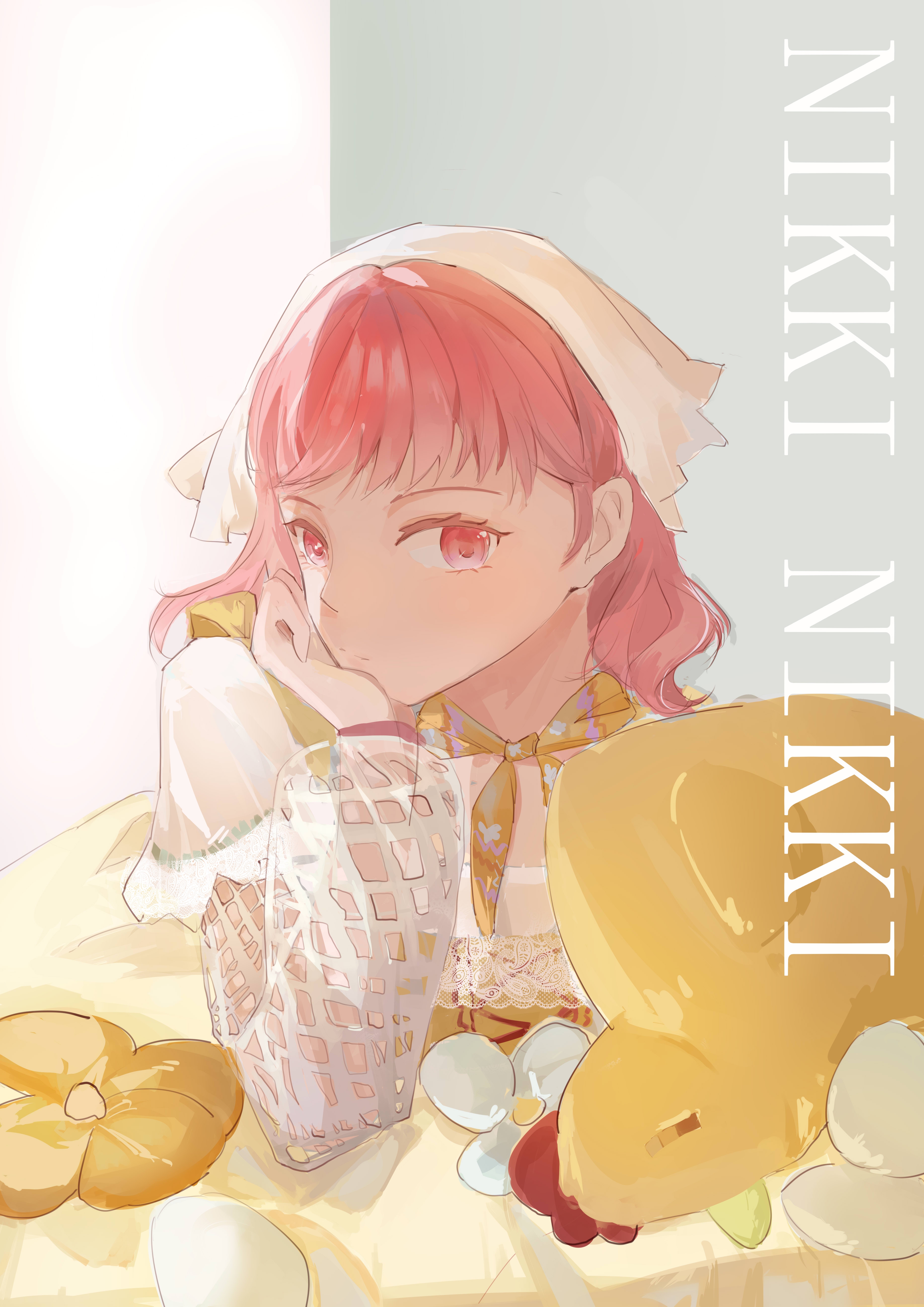 nikki (nikki), infinity nikki, nikki (series), stardew valley, absurdres, highres, 1girl, character name, closed mouth, country lolita, dress, egg, expressionless, eyelashes, floral print, flower, grey background, hand on own cheek, hand on own face, headscarf, layered sleeves, light blush, light frown, lolita fashion, long sleeves, lying, medium hair, on bed, on stomach, orange flower, orange scarf, pink eyes, pink hair, puffy long sleeves, puffy sleeves, scarf, see-through clothes, see-through sleeves, short over long sleeves, short sleeves, solo, stardew valley encounter (infinity nikki), stuffed chicken, stuffed flower, tudousiyujiangsi, two-tone background, upper body, vest, wavy hair, white background, white dress, white flower, white headscarf, yellow vest