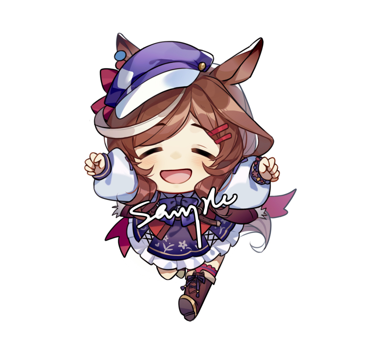 matikanetannhauser (umamusume), umamusume, 1girl, :d, animal ears, blue bow, blue bowtie, blue dress, boots, bow, bowtie, brown boots, brown hair, chibi, chibi only, closed eyes, dress, facing viewer, hair ornament, hairclip, hat, horse ears, horse girl, horse tail, lace-up boots, long sleeves, multicolored hair, open mouth, outstretched arms, parallel hairclips, puffy long sleeves, puffy sleeves, purple hat, running, sample watermark, short hair, simple background, smile, solo, tail, two-tone hair, watermark, white background, white hair, xing mang bei zhan le