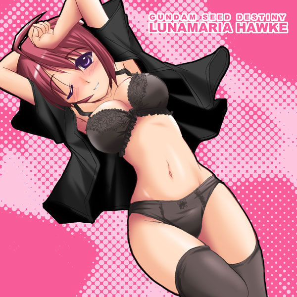 lunamaria hawke, gundam, gundam seed, gundam seed destiny, black legwear, 00s, antenna hair, black bra, black panties, blush, bra, lingerie, lying, open clothes, open shirt, panties, pink hair, purple eyes, shirt, short hair, smile, thighhighs, underwear, wink
