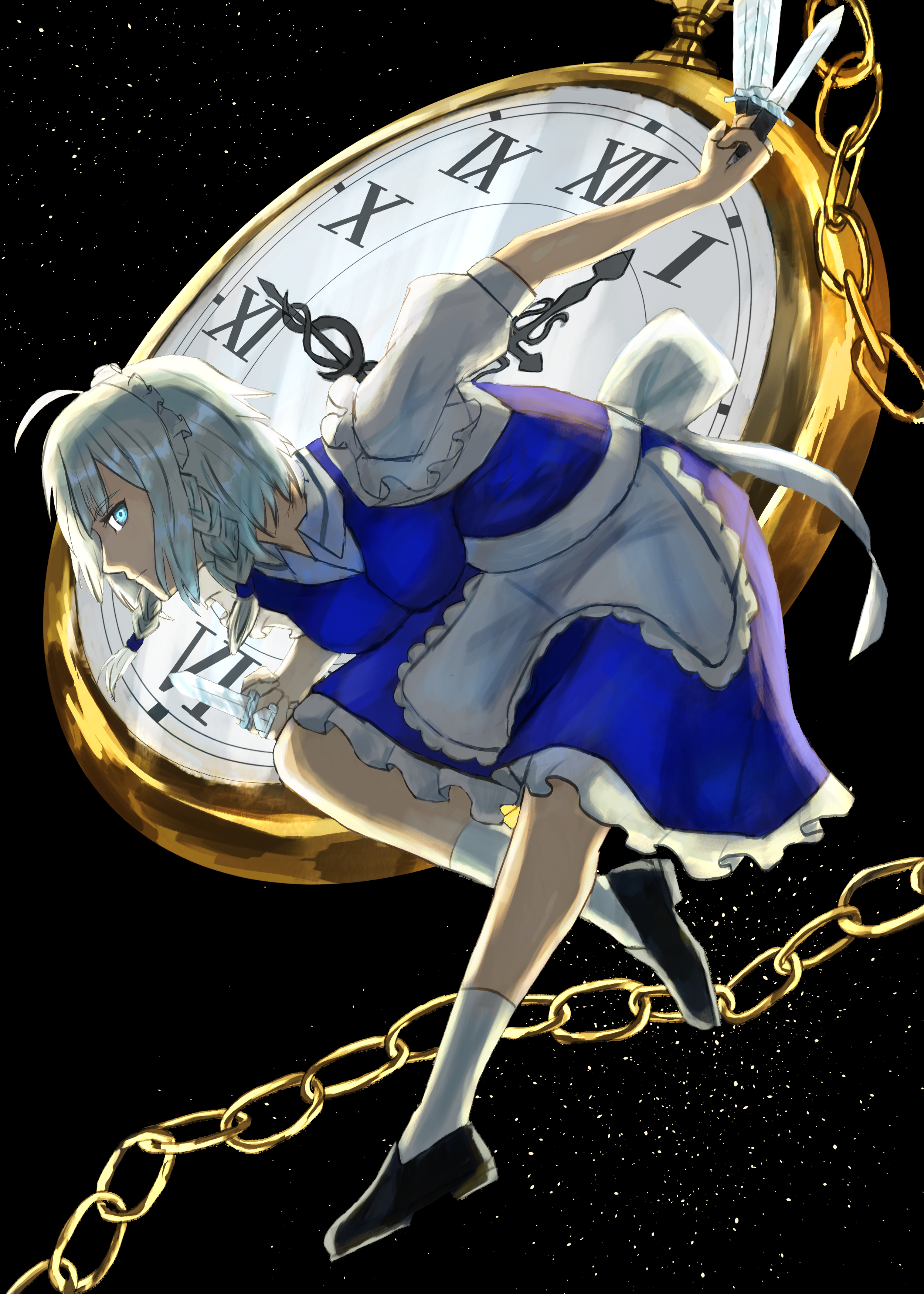 aoyagi 0, izayoi sakuya, touhou, absurdres, highres, apron, bent back, black background, blue eyes, chain, dagger, holding, holding dagger, holding knife, holding weapon, knife, medium hair, pocket watch, waist apron, watch, weapon, white apron