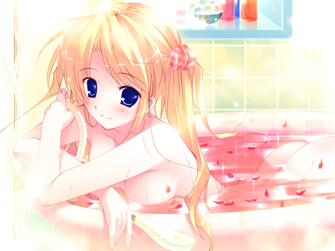 mikeou, 1girl, bath, blonde hair, blue eyes, blush, female focus, nude, petals, rose petals, solo