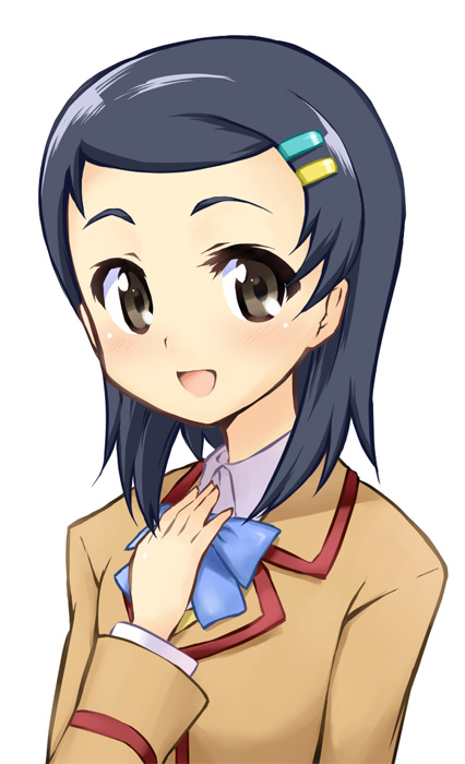 ichikawa mayura, gokujou seitokai, 00s, 1girl, blouse, blush, female focus, school uniform, serafuku, shirt, simple background, solo, split mouth, white background, white shirt