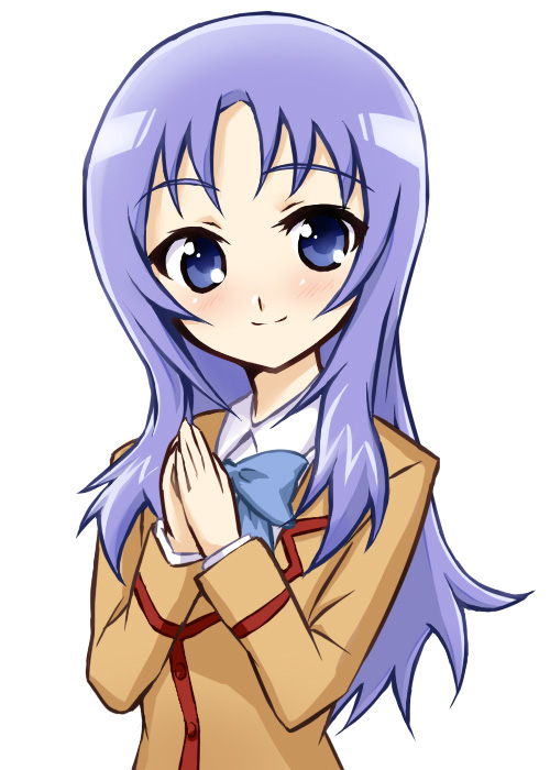 jinguuji kanade, gokujou seitokai, 00s, 1girl, blush, bow, female focus, purple eyes, purple hair, school uniform, serafuku, smile, solo