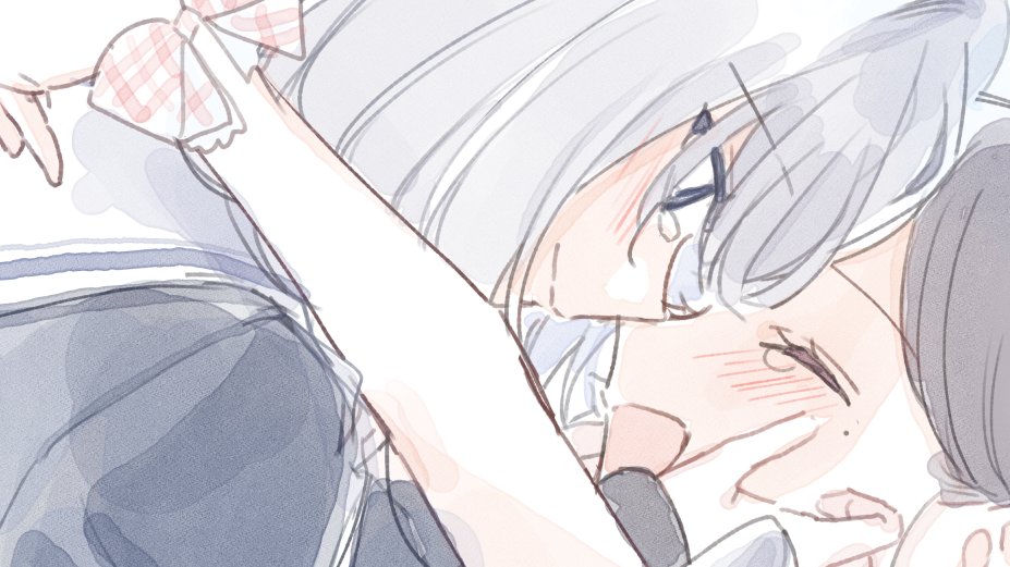 yuama, asaka kaori, hoshikawa shizuku, kimi to tsuzuru utakata, commentary request, 2girls, arms around neck, black shirt, blush, brown hair, closed eyes, closed mouth, grey hair, mole, mole under eye, multiple girls, open mouth, school uniform, shirt, smile, tears, yuri