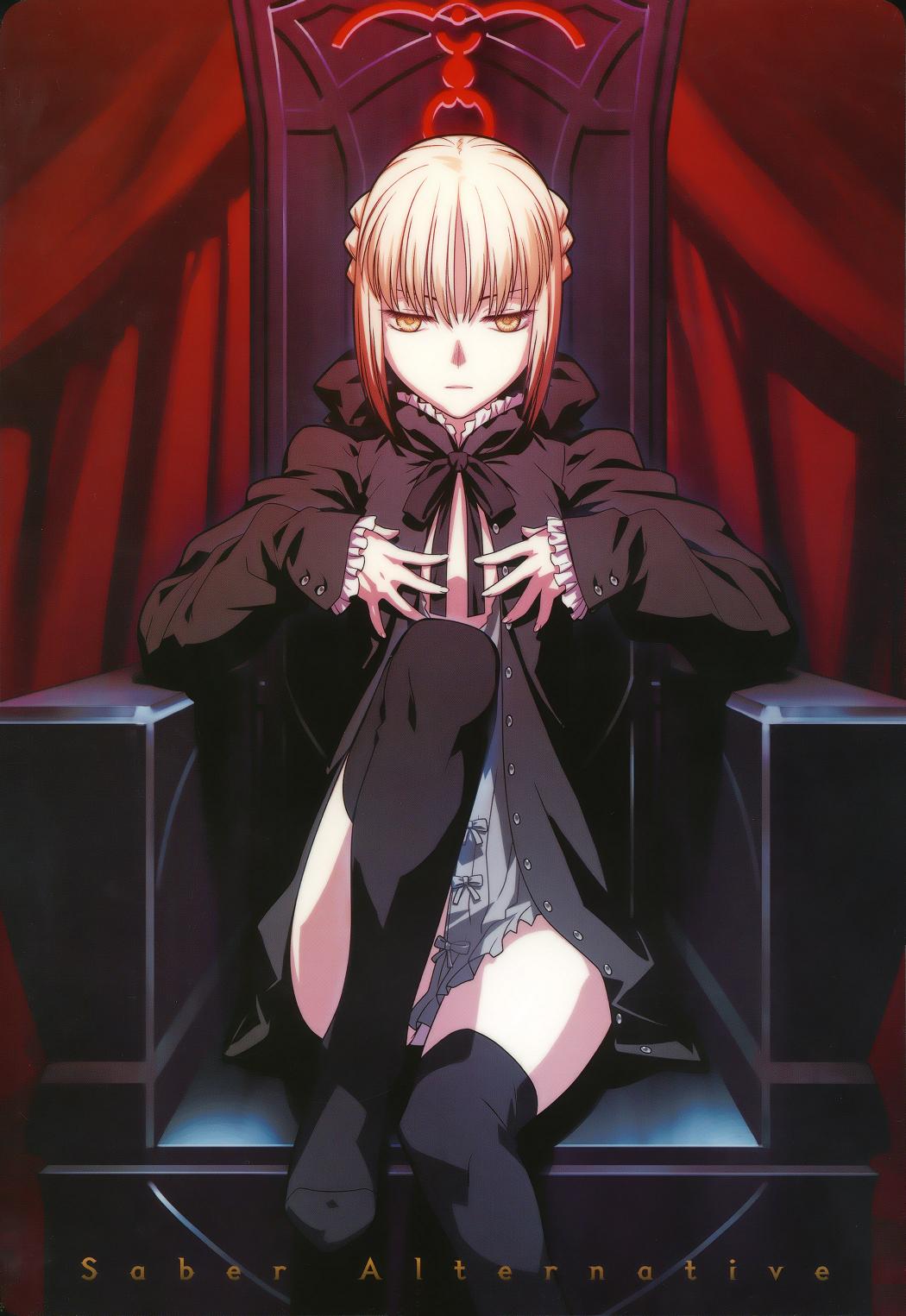 artoria pendragon (fate), saber (fate), saber alter, fate/stay night, fate (series), highres, 00s, 1girl, black thighhighs, blonde hair, bow, braid, female focus, frills, gothic lolita, hair bow, indoors, lolita fashion, official alternate costume, ribbon, sitting, solo, thighhighs, yellow eyes