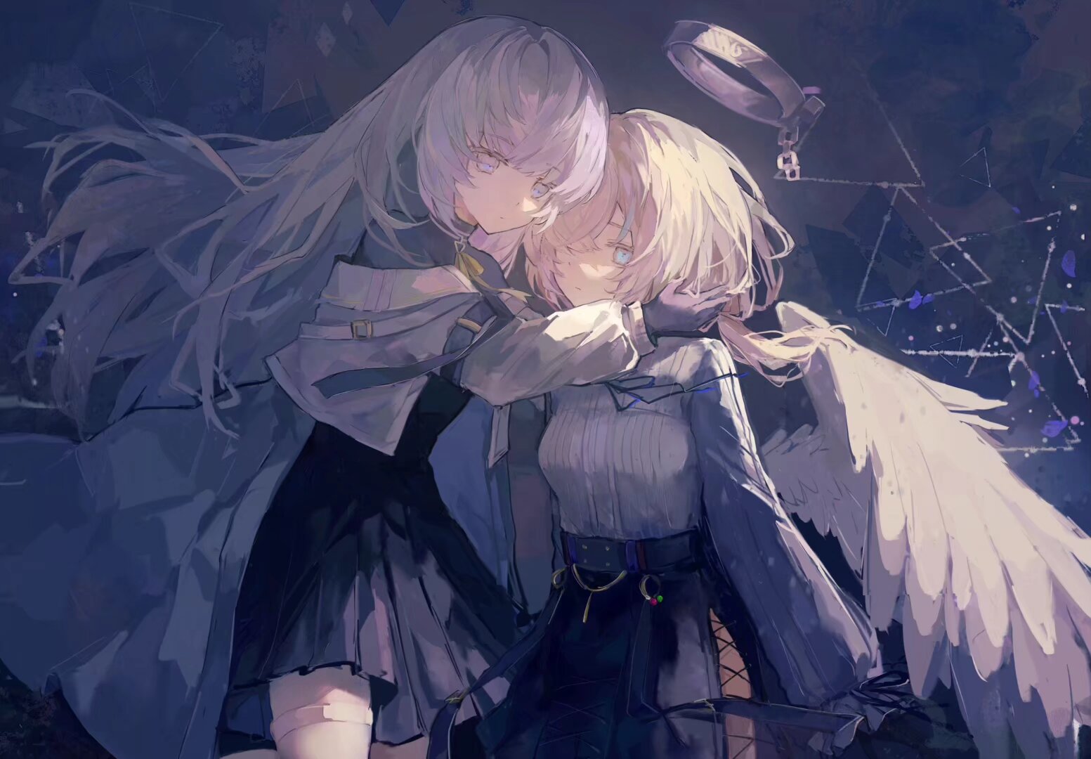 insight (designant) (arcaea), arcaea, 1girl, 2girls, angel wings, ass cutout, bandage on face, bandages, bandaid, bandaid on face, belt, black belt, black dress, black gloves, black pantyhose, black ribbon, black skirt, blue eyes, blue hair, bow, breasts, clothing cutout, compassion (arcaea), cross, detached wings, dress, earrings, gloves, grey hair, hair between eyes, hand in another's hair, insight (arcaea), jewelry, long sleeves, medium breasts, multicolored hair, multiple girls, off-shoulder jacket, off shoulder, pantyhose, purple eyes, ribbon, shirt, short hair, skirt, solo, streaked hair, thigh strap, white hair, white shirt, white wings, wings, yellow bow, yuri