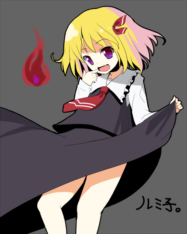 itou life, rumia, embodiment of scarlet devil, touhou, 1girl, blonde hair, character name, clothes lift, fang, female focus, finger to mouth, hair ribbon, necktie, purple eyes, red eyes, red necktie, ribbon, short hair, skirt, skirt lift, solo