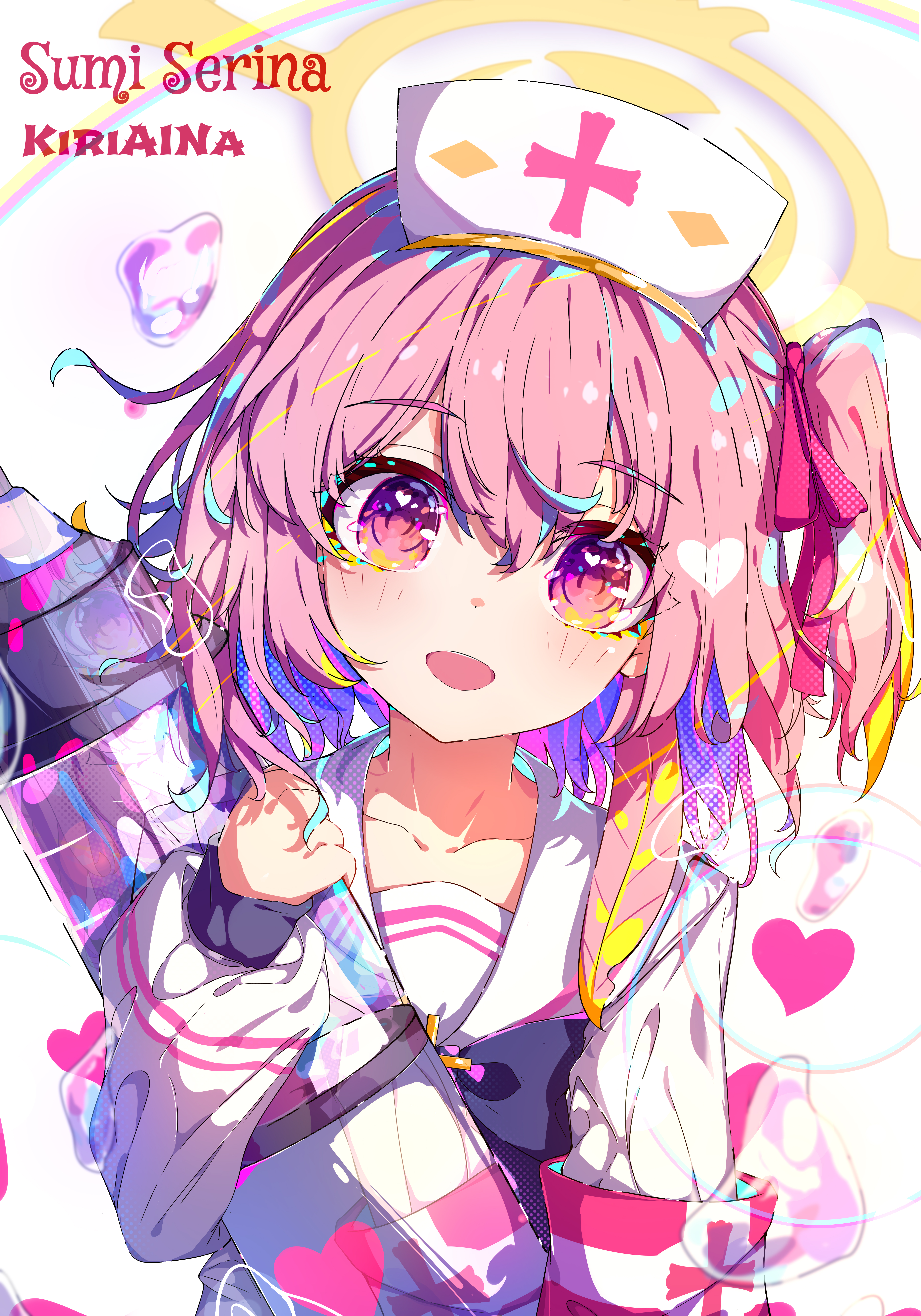 kiriaina, serina (blue archive), blue archive, absurdres, commentary, highres, 1girl, :d, artist name, black bow, black bowtie, blush, bow, bowtie, character name, hair between eyes, hair ribbon, halo, hat, heart, heart in eye, holding, holding syringe, long sleeves, looking at viewer, medium hair, nurse, nurse cap, one side up, open mouth, pink eyes, pink hair, pink ribbon, ribbon, sailor collar, shirt, smile, solo, symbol in eye, syringe, upper body, white hat, white sailor collar, white shirt, yellow halo