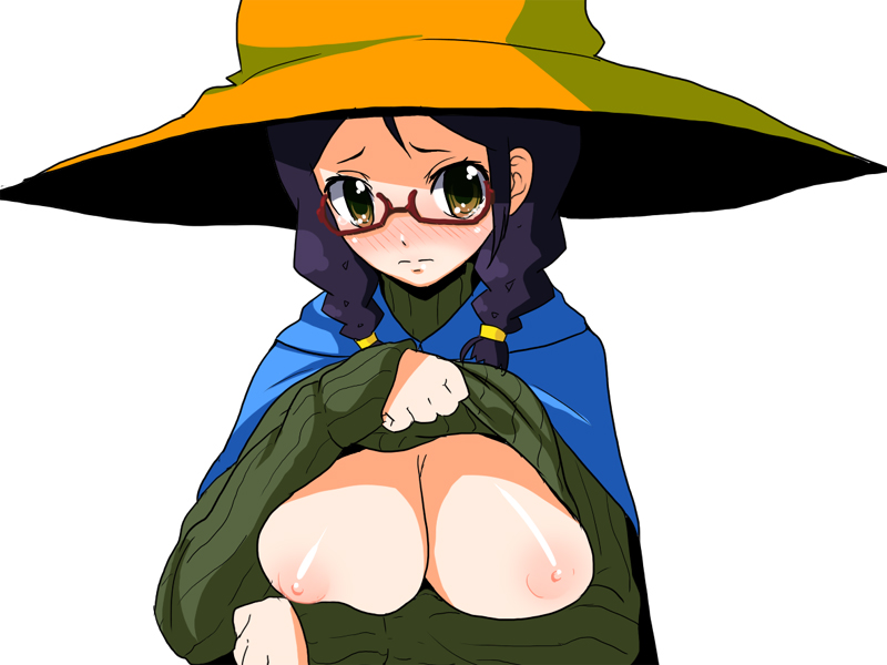 itou life, black mage (final fantasy), final fantasy, breast hold, 1girl, blue hair, blush, braid, breasts, clothes lift, female focus, glasses, hat, shirt lift, solo, twin braids, witch hat