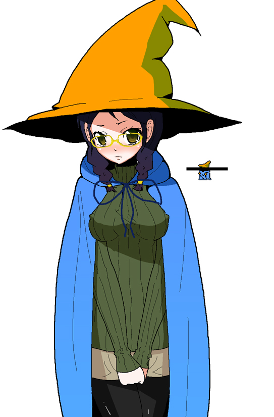 itou life, black mage (final fantasy), final fantasy, 1girl, bar censor, black pantyhose, braid, breasts, breasts squeezed together, cape, censored, censored identity, covered erect nipples, crossover, female focus, glasses, hat, large breasts, pantyhose, parody, solo, sweater, twin braids, v arms, witch hat, yellow-framed eyewear
