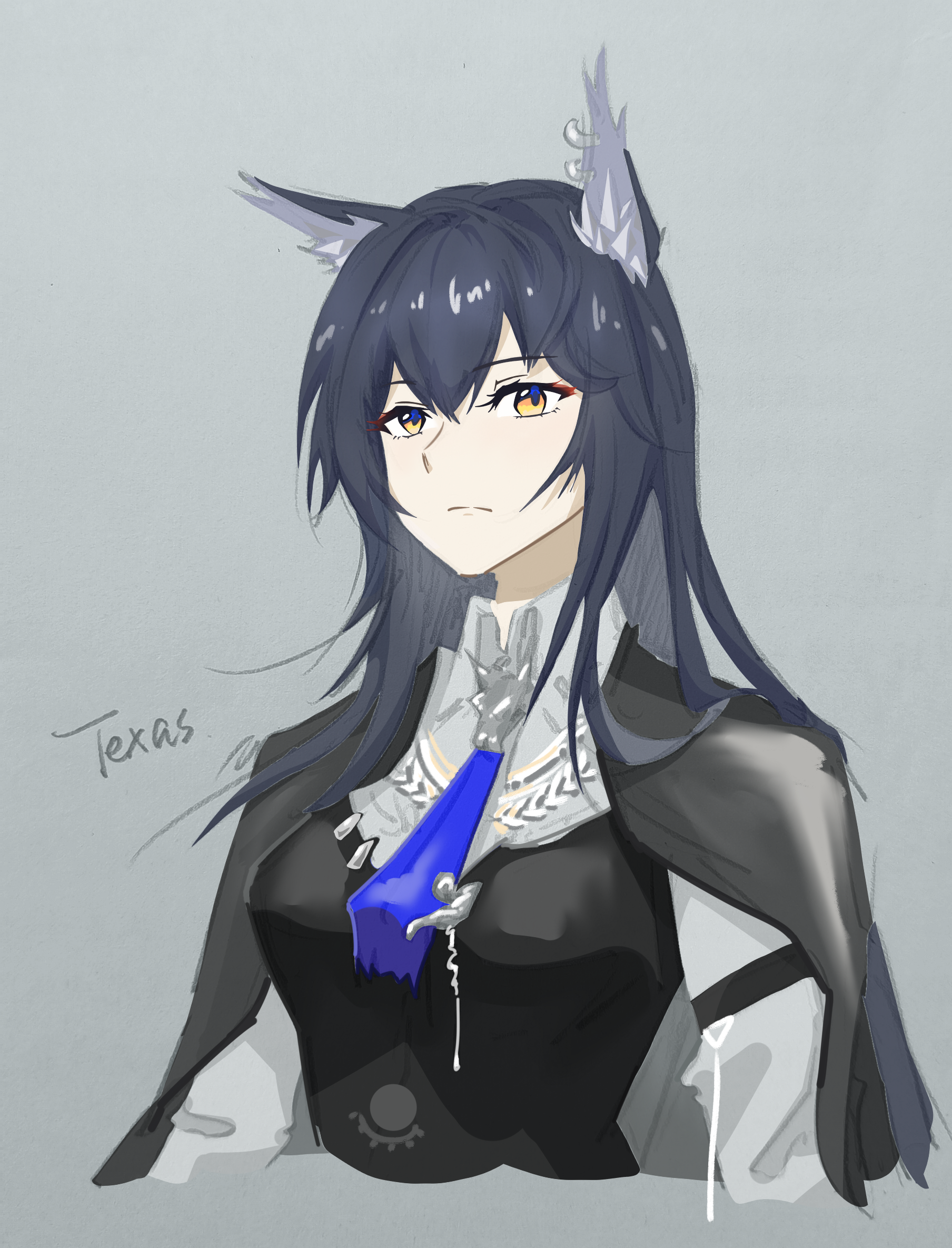 texas (arknights), texas the omertosa (arknights), arknights, chinese commentary, commentary request, highres, 1girl, animal ear fluff, animal ear piercing, animal ears, black cape, black hair, black vest, bolo tie, cape, character name, chenmoguayan, collared shirt, expressionless, grey background, hair between eyes, long hair, looking at viewer, official alternate costume, shirt, simple background, solo, split mouth, vest, white shirt, wolf ears, wolf girl, yellow eyes