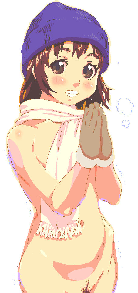 sakenotorii, original, 1girl, beanie, blush, breath, brown eyes, brown hair, female focus, female pubic hair, gloves, hat, looking at viewer, naked scarf, nude, own hands together, pubic hair, scarf, solo, white background, white scarf