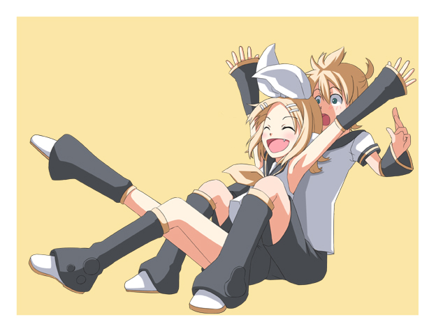 masuneko, kagamine len, kagamine rin, vocaloid, bad id, bad pixiv id, 1boy, 1girl, armpits, bow, brother and sister, hair bow, school uniform, serafuku, siblings, sitting, twins