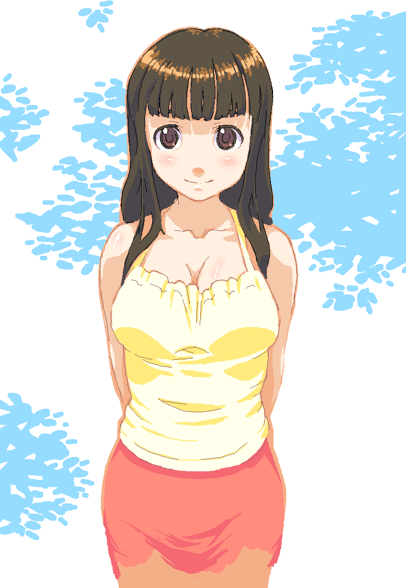 sakenotorii, 1girl, breasts, brown eyes, brown hair, casual, cleavage, female focus, large breasts, long hair, smile, solo