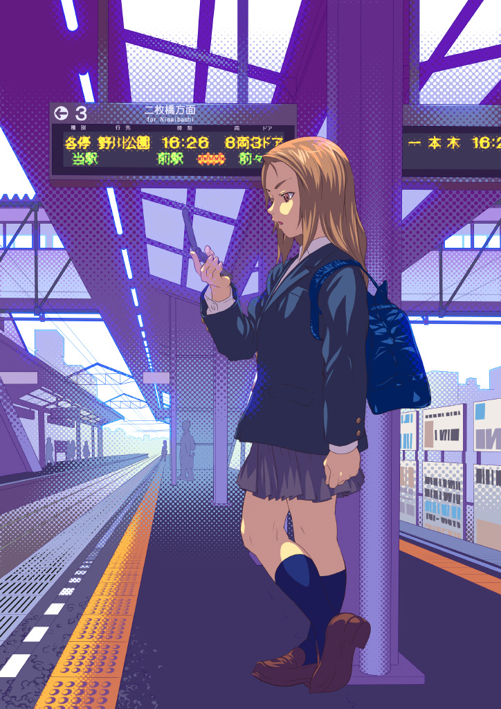 sakenotorii, original, 1girl, bag, brown eyes, brown hair, cardigan, cellphone, female focus, halftone, loafers, long hair, phone, school uniform, serafuku, shoes, skirt, solo, tactile paving, train station, waiting