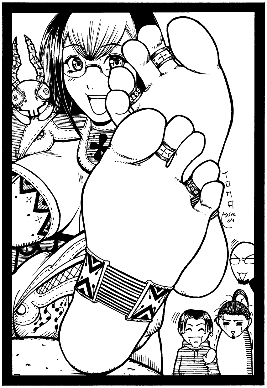 tomagraphiste, tomagraphiste (artist), highres, 1girl, 3boys, anklet, barefoot, barefoot sandals (jewelry), feet, foot focus, glasses, greyscale, jewelry, monochrome, multiple boys, ring, soles, toe ring, toeless legwear, toes