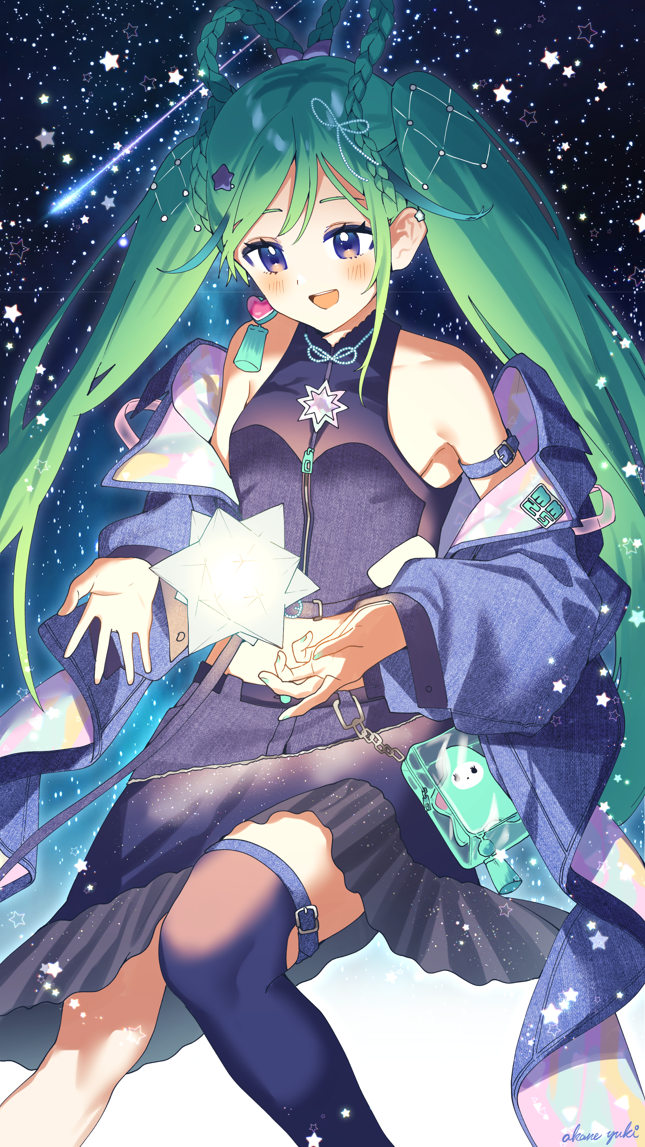 akane yuki (yukito0306), hatsune miku, magical mirai miku, magical mirai miku (2025), magical mirai (vocaloid), vocaloid, absurdres, highres, 1girl, aqua hair, aqua nails, blue eyes, blue jacket, blue skirt, blue thighhighs, blush, braid, braided hair rings, breasts, collarbone, crop top, earrings, hair ornament, hair rings, heart, heart earrings, jacket, jewelry, long hair, lustrous (vocaloid), medium breasts, official alternate costume, official alternate hairstyle, open clothes, open jacket, open mouth, shirt, single thighhigh, skirt, sleeveless, sleeveless shirt, small stellated dodecahedron, smile, solo, star (symbol), star hair ornament, thighhighs, twintails, very long hair