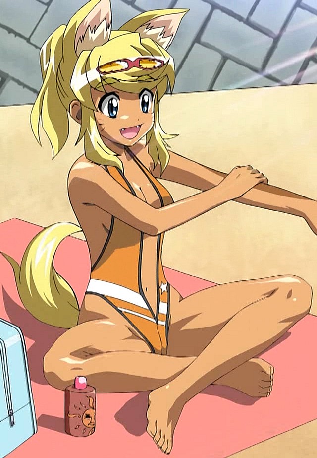 liru, renkin san-kyuu magical pokaan, oil, anime screenshot, stitched, third-party edit, 1girl, animal ears, barefoot, beach, blonde hair, blue eyes, breasts, casual one-piece swimsuit, cleavage, dark-skinned female, dark skin, day, dog ears, extra ears, eyewear on head, fang, fangs, feet, female focus, halterneck, indian style, light rays, long hair, lotion, medium breasts, navel, one-piece swimsuit, outdoors, ponytail, sitting, smile, solo, sunbathing, sunbeam, sunglasses, sunlight, sunscreen, swimsuit, tail, tan, towel, wolf ears, wolf tail