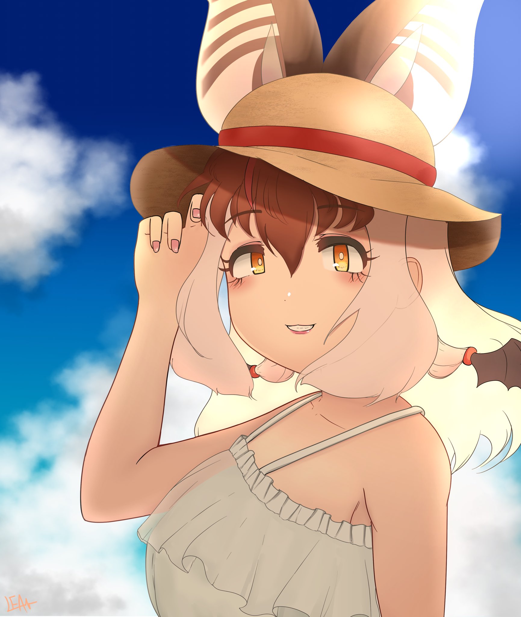 noren kf1, brown long-eared bat (kemono friends), kemono friends, kemono friends v project, highres, 1girl, animal ears, bat ears, bat girl, bat wings, blue sky, brown eyes, brown hair, dress, extra ears, grey hair, hat, long hair, looking at viewer, multicolored hair, outdoors, sky, solo, streaked hair, sundress, virtual youtuber, wings
