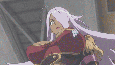 garnet mclane, dragonaut, animated, animated gif, anime screenshot, lowres, 00s, 1boy, 1girl, bouncing breasts, breasts, cleavage, cleavage cutout, clothing cutout, crop top, dark-skinned female, dark skin, huge breasts, large breasts, lipstick, makeup, punching, purple hair