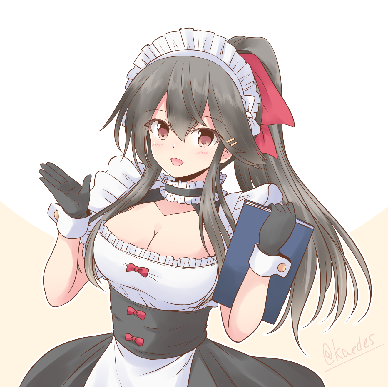 shizuna kaede, haruna (kancolle), kantai collection, highres, 1girl, alternate costume, alternate hairstyle, apron, black dress, black gloves, black hair, breasts, cleavage, cowboy shot, dress, enmaided, frilled apron, frills, gloves, hair ornament, hairband, hairclip, large breasts, long hair, looking at viewer, maid, maid headdress, menu, one-hour drawing challenge, ponytail, solo, stile uniform, waist apron, waitress, white apron, wrist cuffs